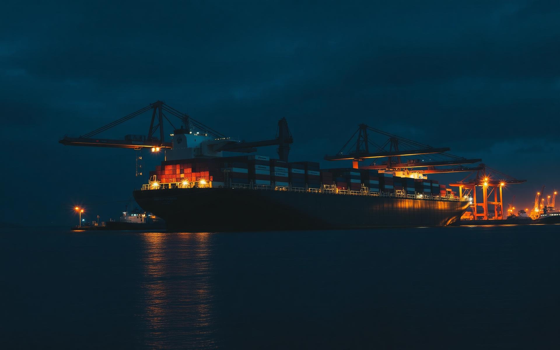 Container vessel alongside a deepsea terminal at blue hour